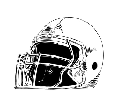 Vector engraved style illustration for posters, decoration and print. Hand drawn sketch of american football helmet in black isolated on white background. Detailed vintage etching style drawing.