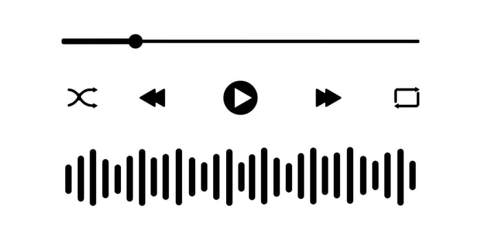 Audio player interface with loading bar, buttons, sound wave icon. Graphic mediaplayer panel template for mobile app vector