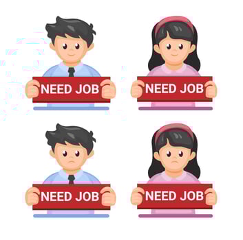 Man and woman holding board need job message with sad and happy expression, employee job seeker symbol illustration vector