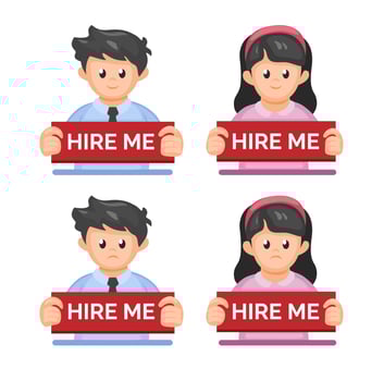 Man and woman holding board HIRE ME message with sad and happy expression, employee job seeker symbol illustration vector