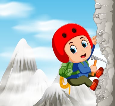 Young man while climbing challenging route on cliff vector
