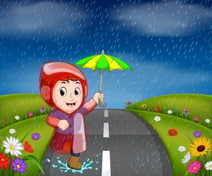 boys in raincoat running on road vector