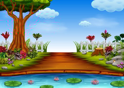 the beautiful forest view with the lake vector