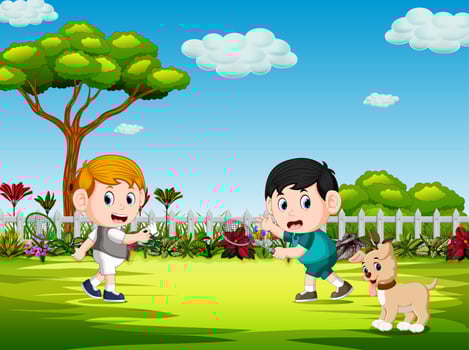 the children playing badminton and the dog watch them vector