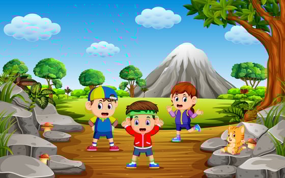 the children do sport in the forest near the rock mountain with a lot of trees vector