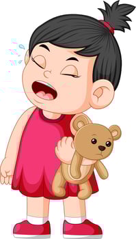 a girl crying while holding a brown teddy bear vector
