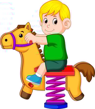 a boy happy play with brown horse toy vector