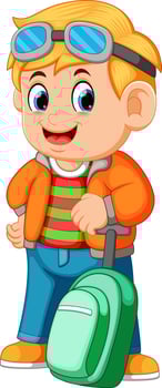 Young man holding travel bag and using glasses vector