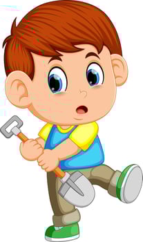 Boy pretending to dig with clean new unused shovel vector