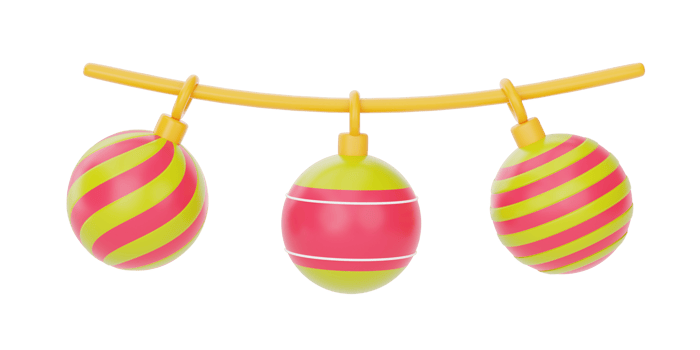Christmas decorations hanging on ribbon, ornaments for Christmas isolated on white background. Merry Christmas and New Year. 3d rendering. png