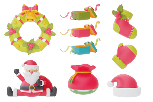 Christmas and New Year decorations collection. Set of 3d ornaments for christmas design isolated on white background.  3d rendering. png