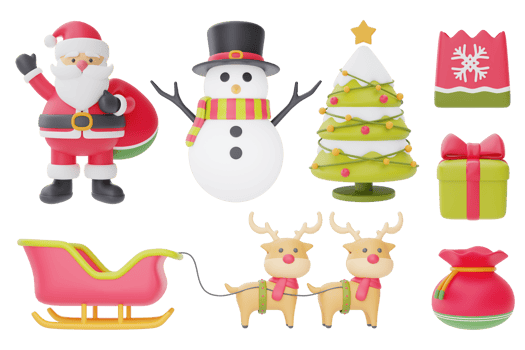 Christmas and New Year decorations collection. Set of 3d ornaments for christmas design isolated on white background.  3d rendering. png