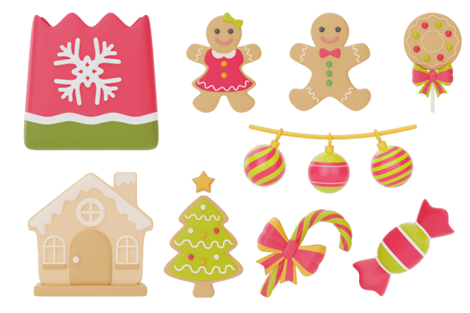 Christmas and New Year decorations collection. Set of 3d ornaments for christmas design isolated on white background.  3d rendering. png