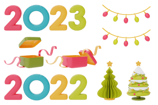 Christmas and New Year decorations collection. Set of 3d ornaments for christmas design isolated on white background.  3d rendering. png