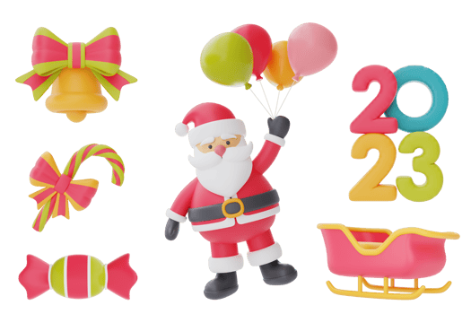Christmas and New Year decorations collection. Set of 3d ornaments for christmas design isolated on white background.  3d rendering. png