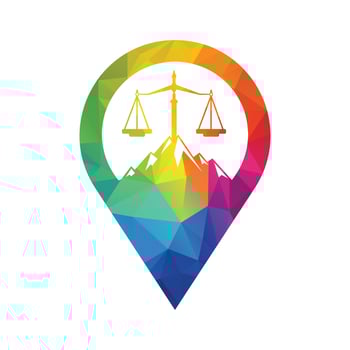 Mountains and symbols of justice. Law scale logo concept design. vector