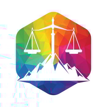 Mountains and symbols of justice. Law scale logo concept design. vector