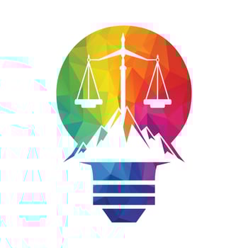 Mountains and symbols of justice. Law scale logo concept design. vector