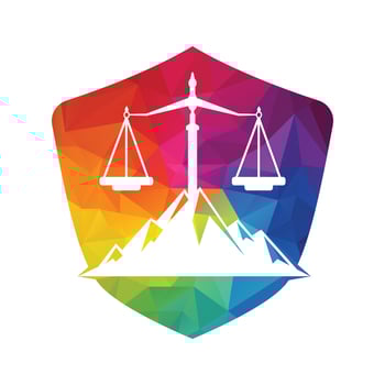 Mountains and symbols of justice. Law scale logo concept design. vector