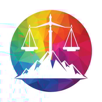 Mountains and symbols of justice. Law scale logo concept design. vector