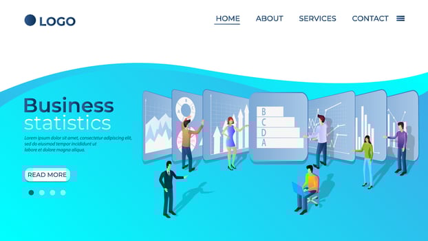 Business statistics.People study statistics.Businessmen study the infographic on the big screens.The concept of teamwork and data accounting.Business and project financing.Isometric vector