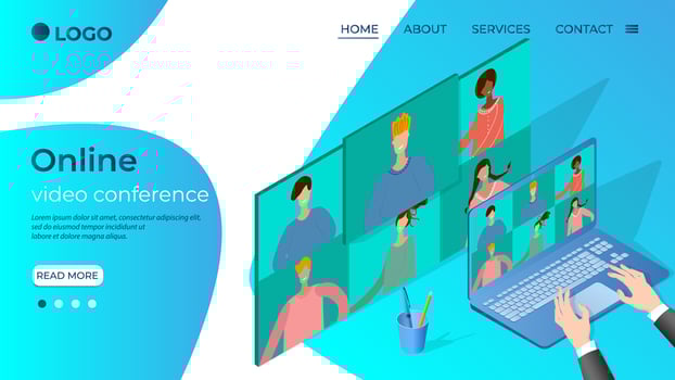 Online video conference.Concept of business negotiations online-educational scientific conference.People communicate with each other using an Internet connection.Isometric vector illustration.