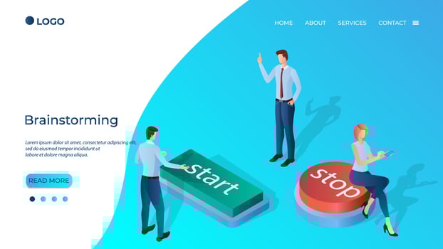 Businessmen click the start button.The concept of launching a new project, brainstorming and launching a new startup.Isometric vector illustration.The template of the landing page.