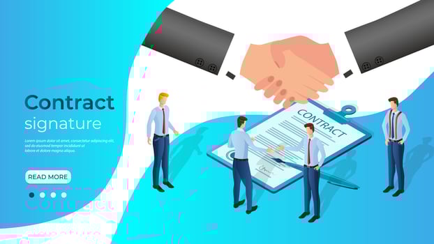 Contract signature.Businessmen sign a contract.Handshake.Two businessmen shake hands at the signing of the contract.The concept of contractual transactions and partnerships.Isometric vector