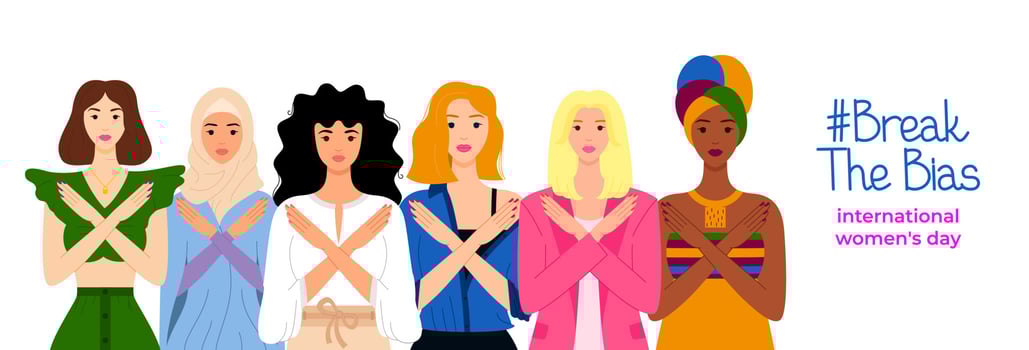 Break the bias. Horizontal poster with women of different ethnicities and cultures stand side by side together. International Women's Day web banner. March 8th. The struggle for rights, independence vector