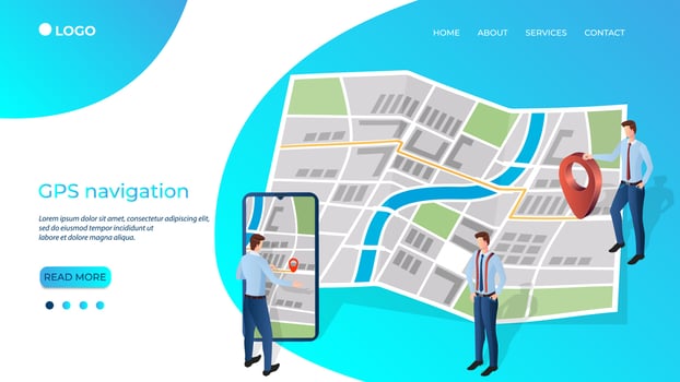 People determine their location using a smartphone with a map and a dot marker. GPS navigation, modern technologies.Location detection using geolocation.Flat vector illustration.