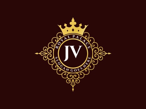 Letter JV Antique royal luxury victorian logo with ornamental frame. vector