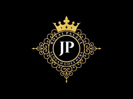 Letter JP Antique royal luxury victorian logo with ornamental frame. vector
