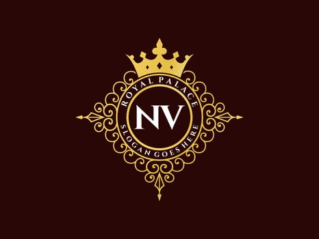 Letter NV Antique royal luxury victorian logo with ornamental frame. vector