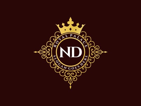 Letter ND Antique royal luxury victorian logo with ornamental frame. vector