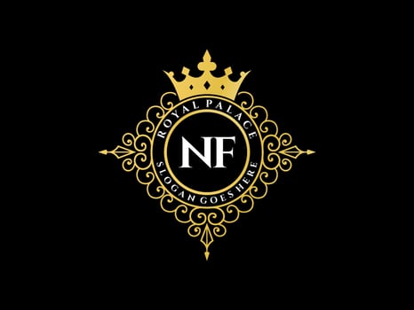 Letter NF Antique royal luxury victorian logo with ornamental frame. vector