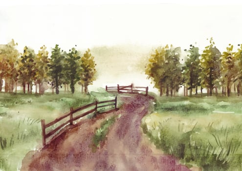 Morning nature landscape with road and fence watercolor vector