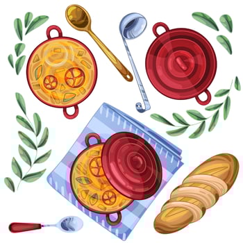 A set of red pots with soup inside. Attributes for cooking around. spoons, ladle, bay leaf vector