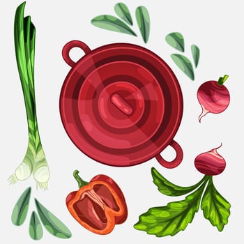 Red closed saucepan. Cooking ingredients are around. Radish, pepper, bay leaf and onion vector