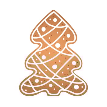 Holiday gingerbread cookie in shape of christmas tree with white icing. Vector illustration in flat style