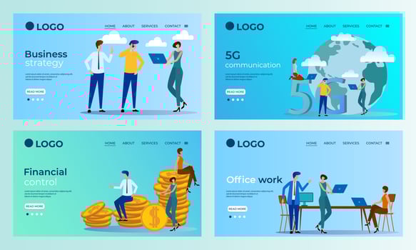 A set of landing page templates.Business strategy, 5G communication, financial control, office work.Templates for use in mobile app development.Flat vector illustration.