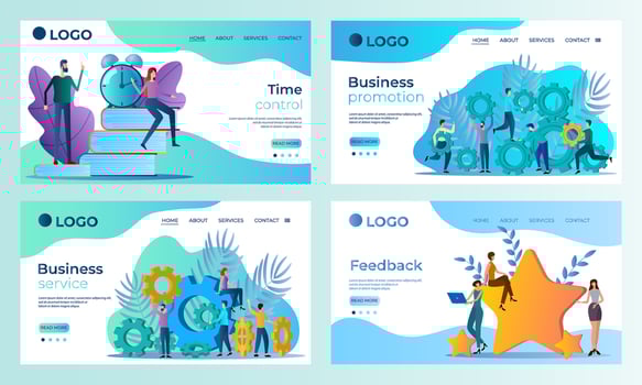 A set of landing page templates.Time control, Business promotion, Business service, Feedback.Templates for use in mobile app development.Flat vector illustration.