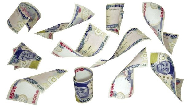3D rendering of 500 Nigerian naira notes flying in different angles and orientations isolated on transparent background png
