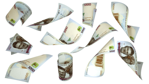 3D rendering of 1000 Nigerian naira notes flying in different angles and orientations isolated on transparent background png