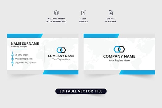 Futuristic business card design with blue color contact icons. Corporate business identity template and visiting card vector for personal use. Professional business branding card design.