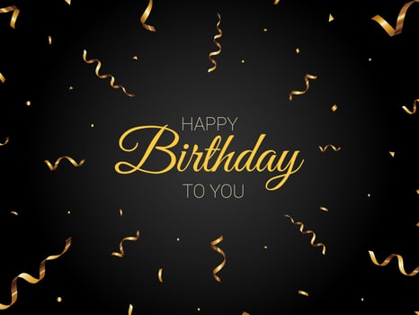 happy birthday card, gold confetti, black background vector