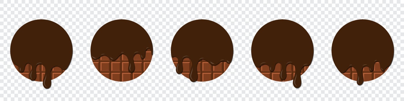 Set of chocolate drops. Dripping melted chocolate. Realistic melted chocolate. Chocolate drops. Melting Chocolate. Brown liquid dessert, sweet drip melt. Vector illustration