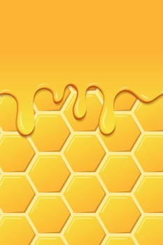 Bright food card. Honey flyers. Sweet realistic honey. Yellow pattern with honeycomb and honey drips. Dripping honey. Gold honey hexagonal cells texture. Food delicious card. Vector illustration