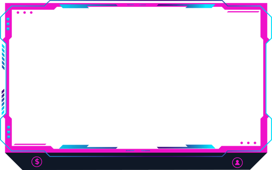 Live streaming overlay decoration with girly pink and blue colors. Live broadcast elements with colorful buttons. Online gaming screen panel and border PNG for gamers.
