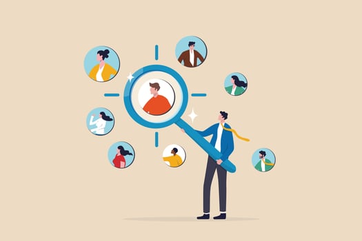 Customer centric marketing strategy to design product and service, UX user experience , advertising focused group concept, businessman with magnifying glass focus on customer, users or people. vector