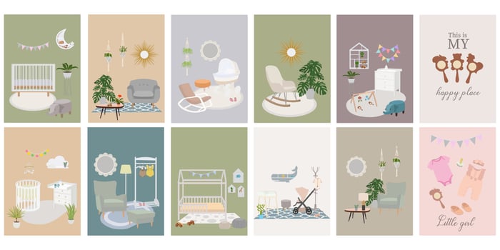 Posters with decor in the nursery. Children's interior. baby shower cards for boy and girl with newborn clothes vector